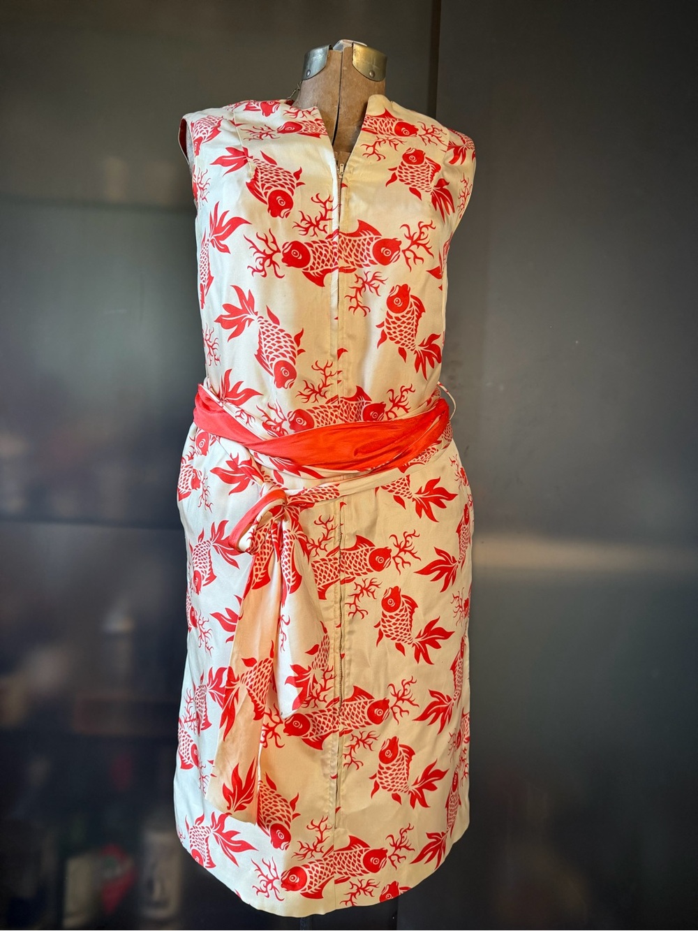 Vintage Hanae Mori styl 50s/60s silk orange beige dress asian koi/fish print S/M